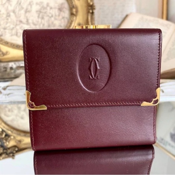 Cartier Handbags - EUC CARTIER Bordeaux Burgundy Leather Double Sided, Card/Coin/Money Wallet
